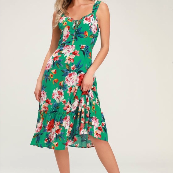 Lulu's Kayley Green Floral Print Midi Dress - Picture 1 of 8